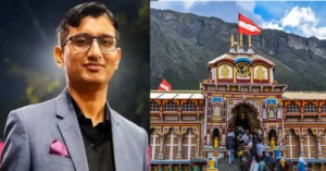 Former Badrinath Temple Officer Rajendra Singh Chauhan alongside Badrinath Temple in an editorial image related to the ongoing chadhawa case investigation.