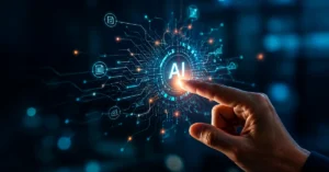 A hand interacting with a glowing artificial intelligence interface surrounded by digital neural network connections on a dark technology background.