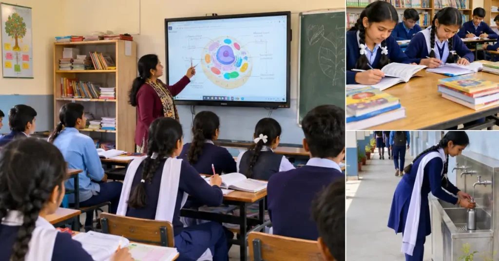 A composite image showing classroom teaching, student learning and school infrastructure representing the Performance Grading Index (PGI-D) assessment in Almora.