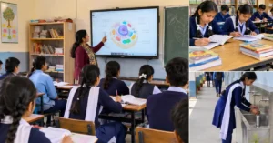 A composite image showing classroom teaching, student learning and school infrastructure representing the Performance Grading Index (PGI-D) assessment in Almora.