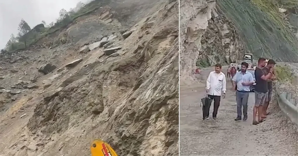 Fresh landslide debris covers a section of the Badrinath Highway near Bhanerpani in Chamoli as people inspect the affected road.