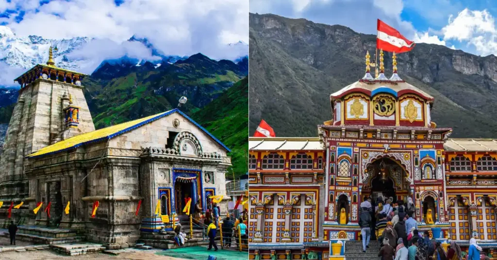 Badrinath Temple and Kedarnath Temple in Uttarakhand shown in a split-image view with devotees visiting the shrines.