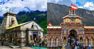 Badrinath Temple and Kedarnath Temple in Uttarakhand shown in a split-image view with devotees visiting the shrines.