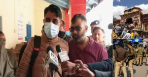 A composite editorial image showing Pramod Nautiyal after his arrest, Badrinath Temple, and police personnel during the investigation into the alleged offering irregularity case.
