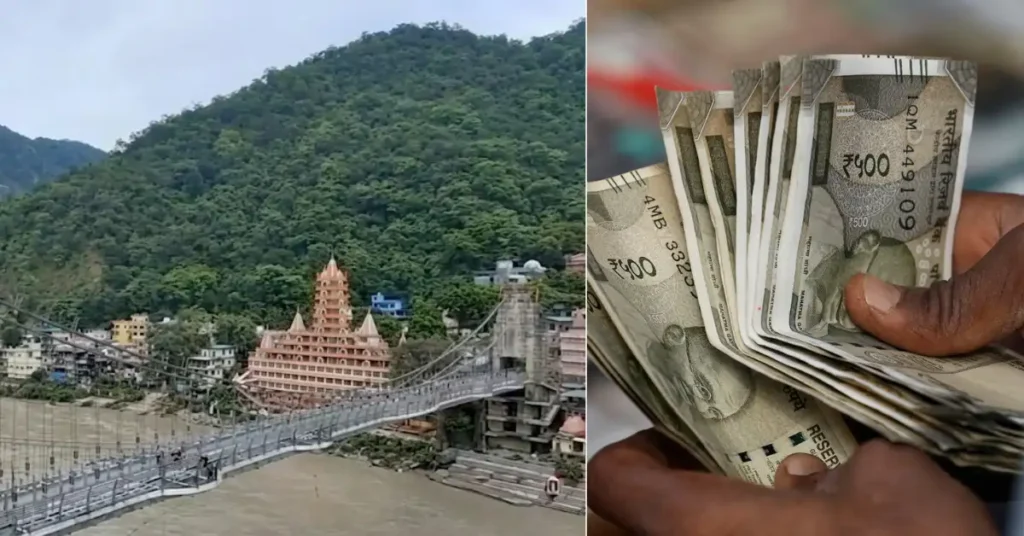 Composite image showing Bajrang Setu in Rishikesh alongside Indian currency notes representing the proposed entry fee for the Glass Skywalk.