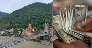 Composite image showing Bajrang Setu in Rishikesh alongside Indian currency notes representing the proposed entry fee for the Glass Skywalk.
