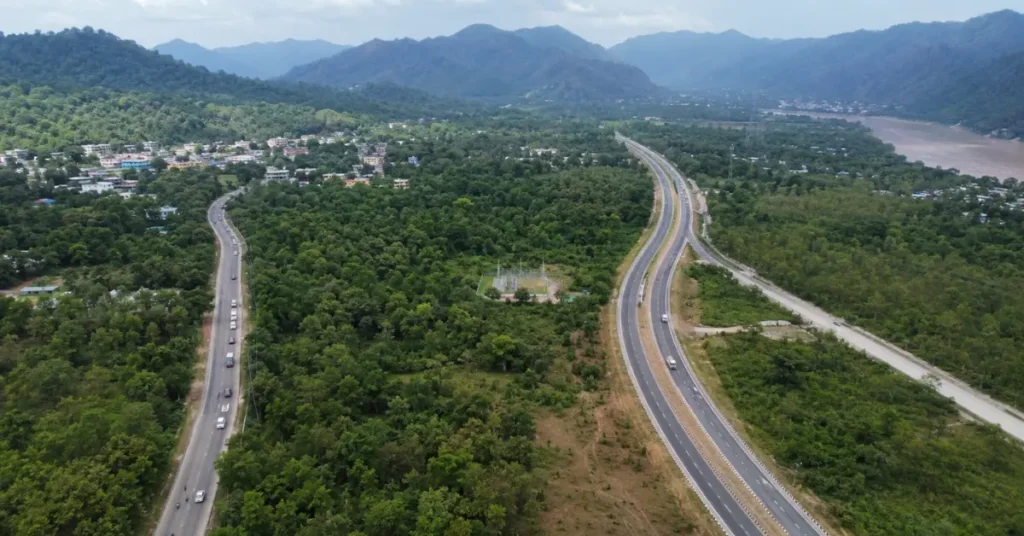 Aerial view of the Bhaniawala–Rishikesh highway corridor and the proposed bypass route near Rishikesh, Uttarakhand.