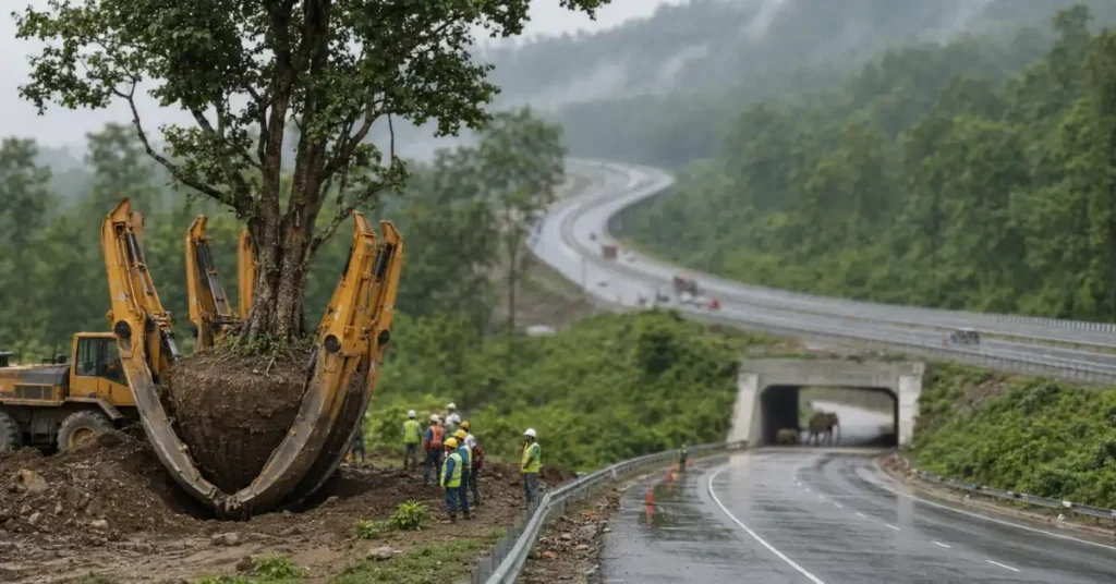 A mature tree being scientifically transplanted beside the Bhaniyawala–Rishikesh highway expansion with an elevated roadway and elephant underpass in Uttarakhand.