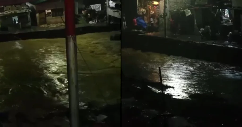 The Bindal River flows with a high water level through Dehradun after continuous monsoon rainfall.