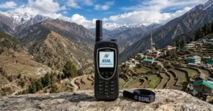 A BSNL satellite phone being used by an SDRF rescue team in a remote Uttarakhand Himalayan valley where conventional mobile network coverage is unavailable.