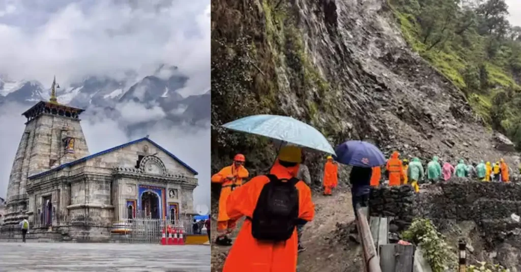 Composite image showing Kedarnath Temple under cloudy skies alongside pilgrims and rescue personnel navigating a landslide-prone Char Dham route during heavy rainfall in Uttarakhand.