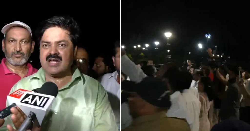 Congress leader Ganesh Godiyal speaks to the media as party workers protest over the Parade Ground venue issue in Dehradun ahead of Rahul Gandhi's programme.