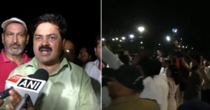 Congress leader Ganesh Godiyal speaks to the media as party workers protest over the Parade Ground venue issue in Dehradun ahead of Rahul Gandhi's programme.