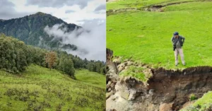 People inspecting large erosion gullies and ground subsidence in the grasslands of Dayara Bugyal, Uttarakhand.