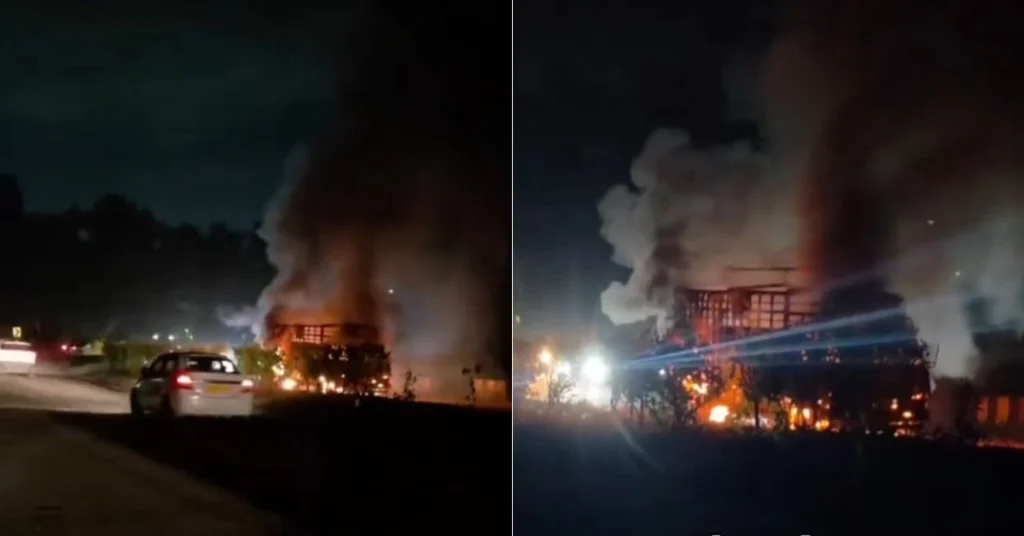 Truck engulfed in flames on the Dehradun-Haridwar Highway near Doiwala after catching fire while in motion.