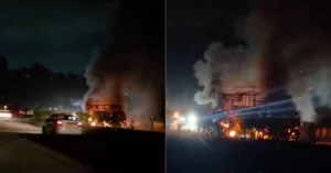 Truck engulfed in flames on the Dehradun-Haridwar Highway near Doiwala after catching fire while in motion.