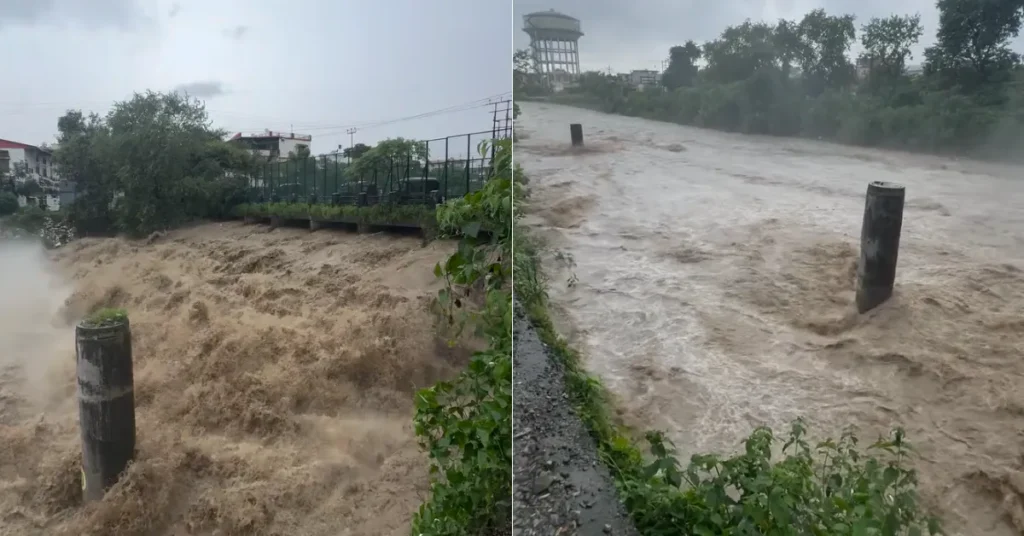 Rising water level and strong flow in the Rispana river following heavy rainfall in Dehradun.
