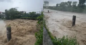Rising water level and strong flow in the Rispana river following heavy rainfall in Dehradun.
