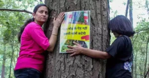 People hug a tree during a protest against the proposed felling of trees for the Dehradun-Rishikesh highway widening project.