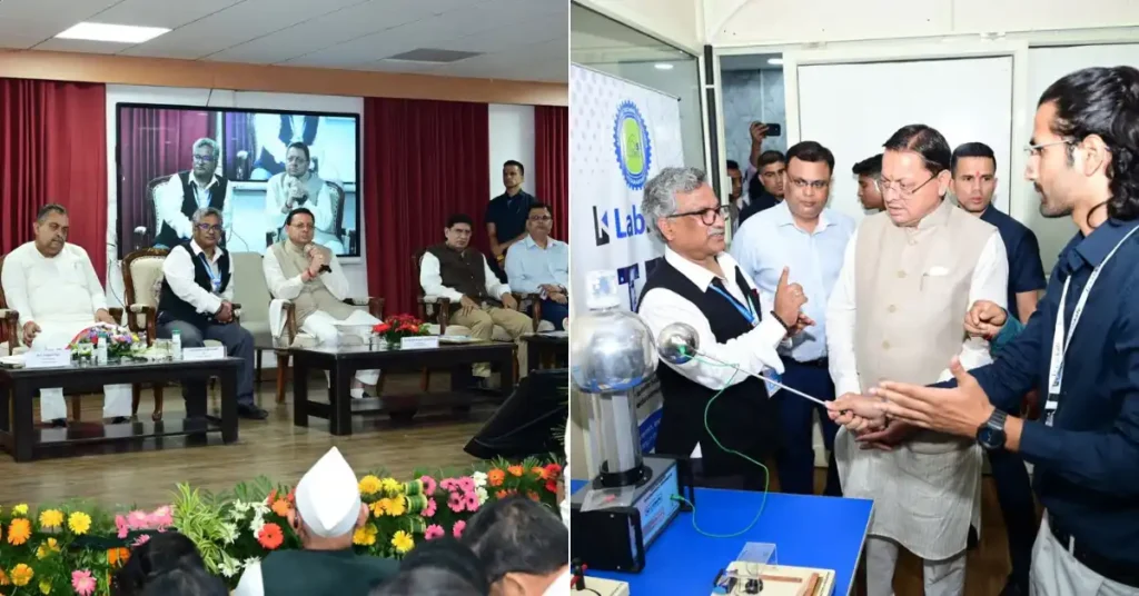 Chief Minister Pushkar Singh Dhami interacts with scientists and officials during the Science City review and launch of science communication initiatives in Dehradun.
