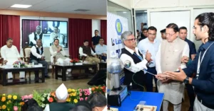 Chief Minister Pushkar Singh Dhami interacts with scientists and officials during the Science City review and launch of science communication initiatives in Dehradun.