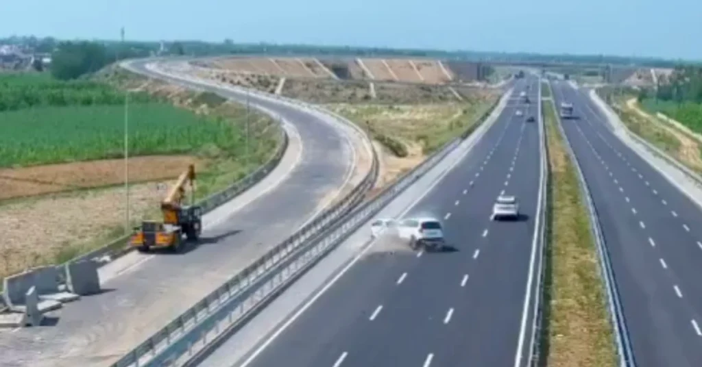 A car involved in a crash on the Delhi-Dehradun Expressway after allegedly reversing on the highway near Rampur Maniharan.