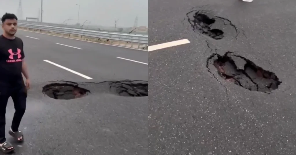 Damaged section of the Delhi-Dehradun Expressway showing a road cave-in after rainfall.