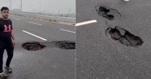 Damaged section of the Delhi-Dehradun Expressway showing a road cave-in after rainfall.