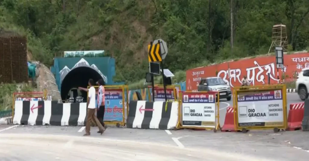 Barricades divert traffic near a tunnel on the Delhi-Dehradun Expressway during repair work in Uttarakhand.