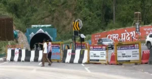 Barricades divert traffic near a tunnel on the Delhi-Dehradun Expressway during repair work in Uttarakhand.
