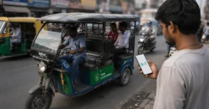 A person holding a smartphone stands beside a moving e-rickshaw on an urban street, highlighting concerns over app-based vehicle control.