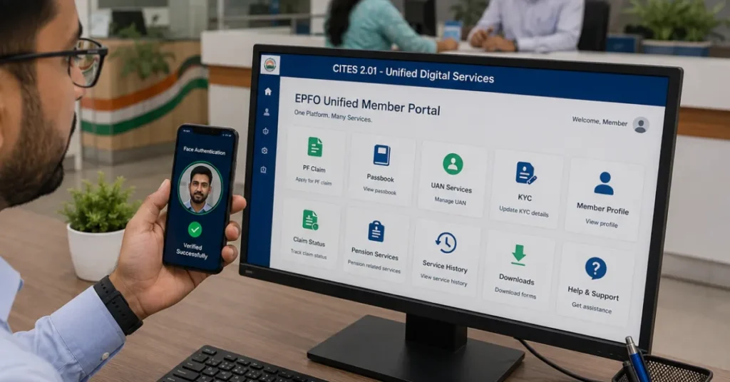 An employee using the EPFO CITES 2.01 Unified Member Portal on a desktop computer while completing Face Authentication on a smartphone.