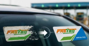 A damaged FASTag sticker and a new FASTag Annual Pass sticker shown on a vehicle windshield, illustrating the annual pass transfer process.