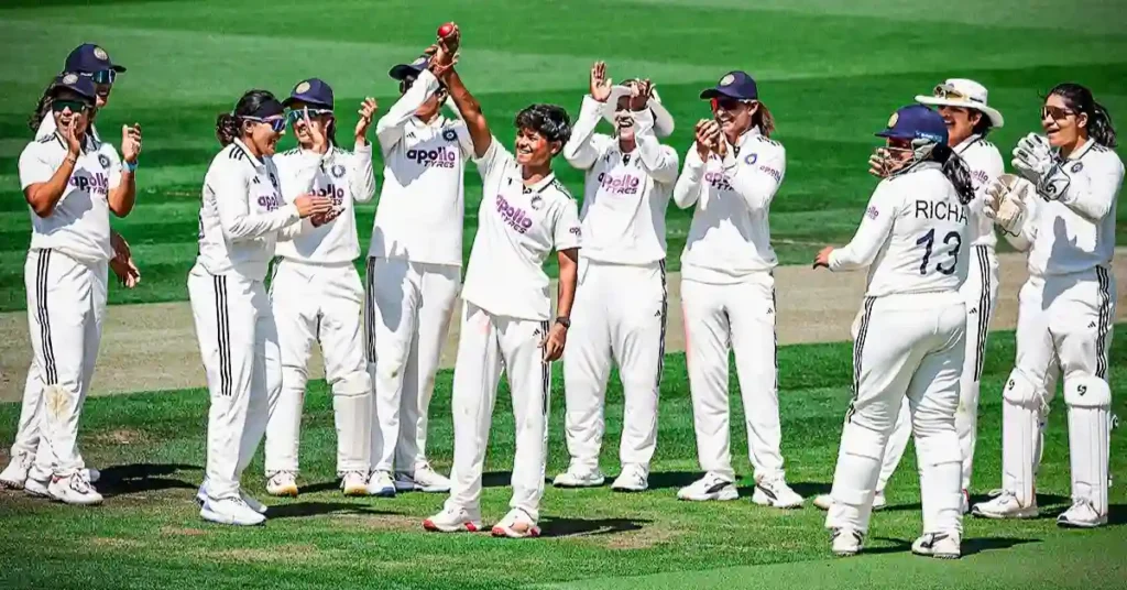 Indian women's cricket team celebrating after defeating England in the historic women's Test match at Lord's Cricket Ground.