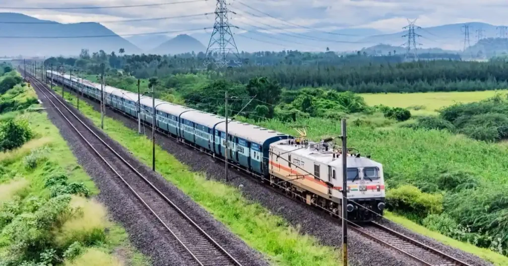 An Indian Railways passenger train running on an electrified railway line through a green landscape.