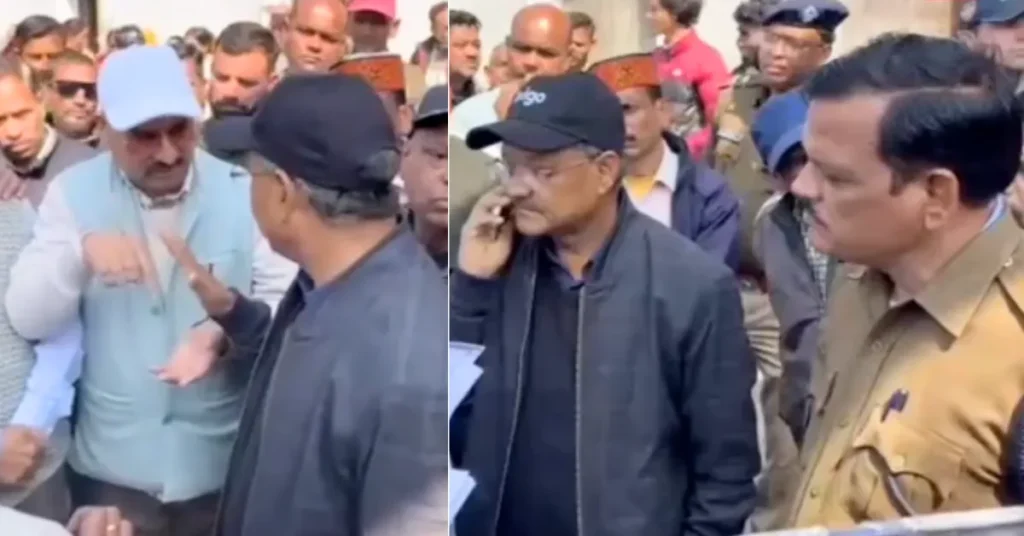 Railway officials, local administration personnel and residents interact during the notice distribution process in Mussoorie's Jhadipani area amid the railway land dispute.