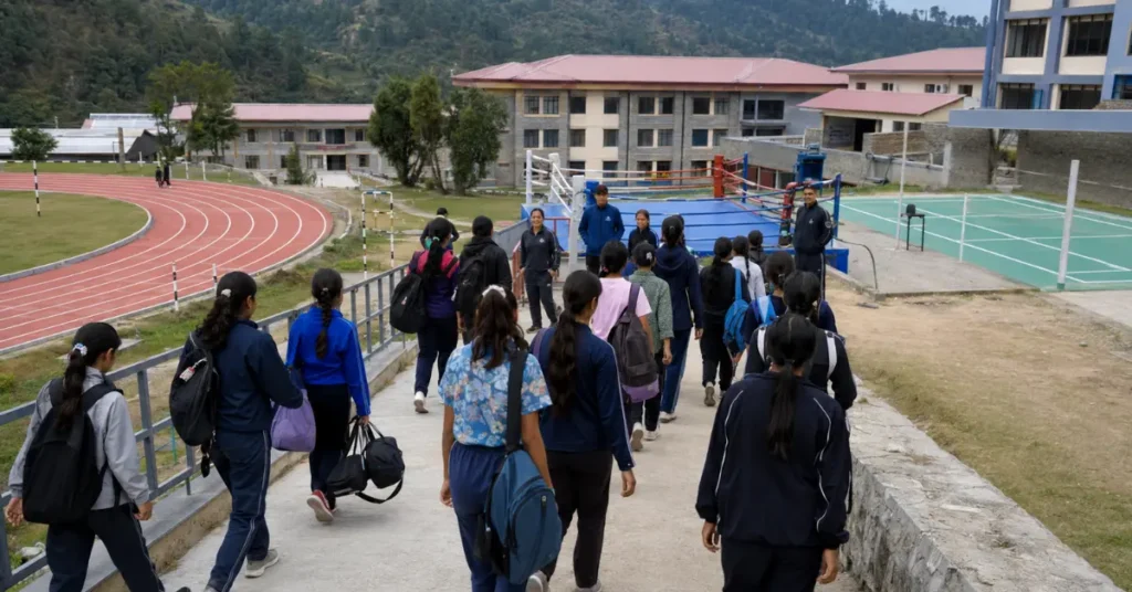 Young girl athletes arriving at the Women's Sports College in Lohaghat for the first academic session.