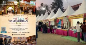 Visitors exploring handicrafts and handloom stalls during Lok Samvardhan Parv at Parade Ground in Dehradun.