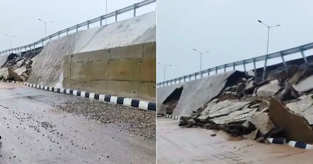 A collapsed retaining wall at an under-construction section of the Meerut-Kotdwar National Highway following heavy rainfall.