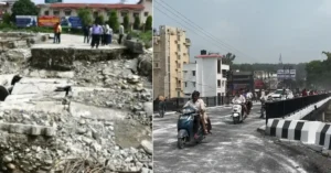 A comparison showing the collapsed temporary bridge at Nanda Ki Chowki on the left and traffic moving on the newly opened bridge on the right.