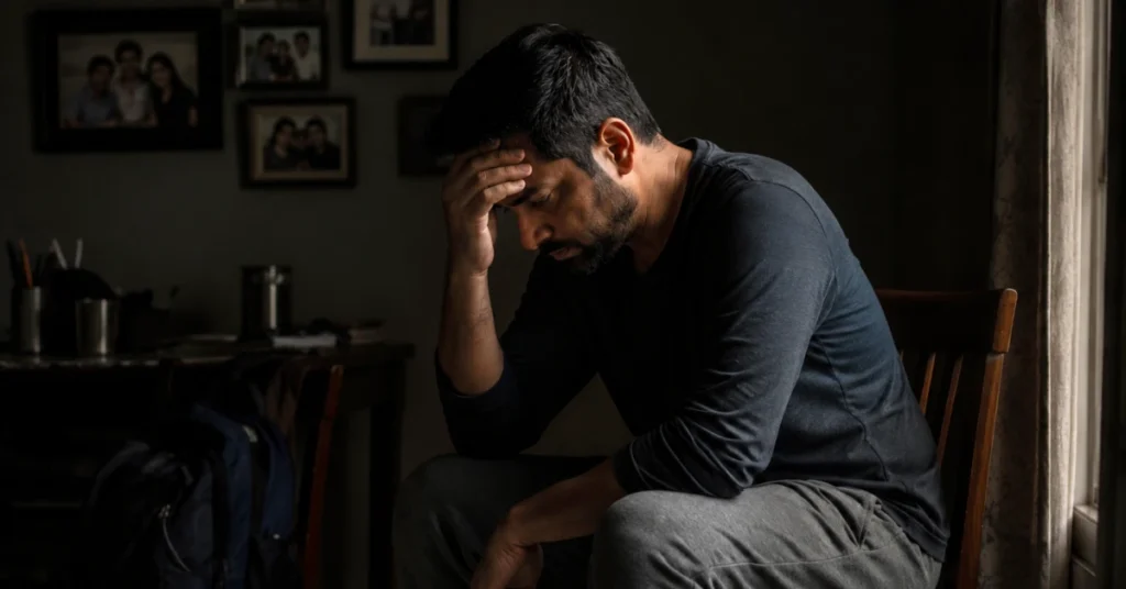 A man sitting quietly by a window in his home, reflecting on the emotional responsibilities of being a father, husband, son and brother.