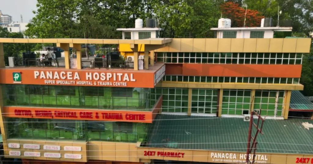 Front view of Panacea Hospital building located near Rispana Bridge in Dehradun.