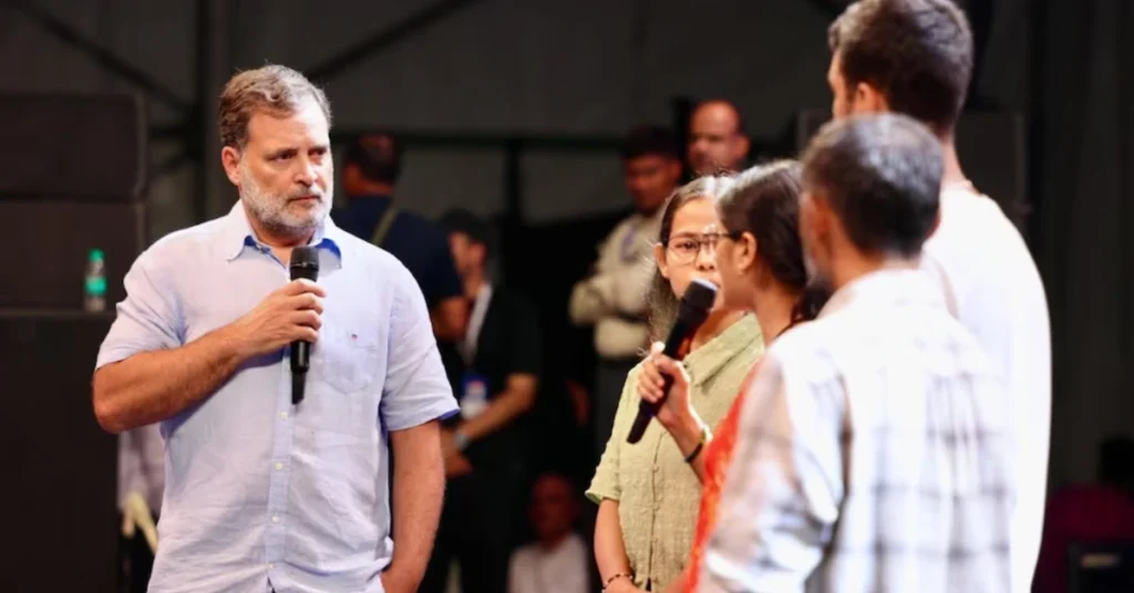 Rahul Gandhi interacts with students during the 'Chhatron Ki Goonj' programme in Dehradun.