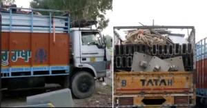Trucks carrying stage and event materials parked outside Parade Ground in Dehradun ahead of Rahul Gandhi's scheduled programme.