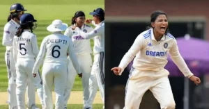 भारतीय महिला क्रिकेटर स्नेह राणा लॉर्ड्स टेस्ट में विकेट लेने के बाद जश्न मनाती हुई, साथ में भारतीय महिला टीम की खिलाड़ी।