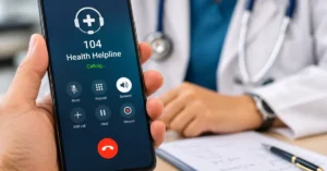A smartphone displaying the 104 Health Helpline call interface, symbolizing the restoration of Uttarakhand's 24×7 health advisory service.