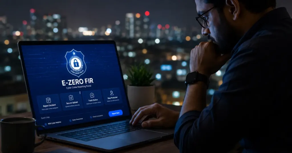 A person using a laptop displaying an e-Zero FIR cyber crime reporting portal, representing Uttarakhand's strengthened cyber crime response system with S4C and the 1930 helpline.