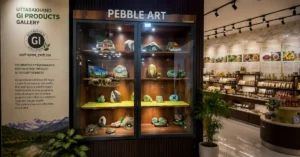 Pebble Art display and GI-tagged products inside Uttarakhand's first GI Product Gallery in Haldwani.