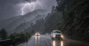 Vehicles travel cautiously on a rain-soaked mountain road in Uttarakhand as heavy rainfall, lightning and low visibility create hazardous driving conditions.