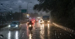 Vehicles moving on a rain-soaked road during heavy monsoon rainfall in Uttarakhand with reduced visibility.